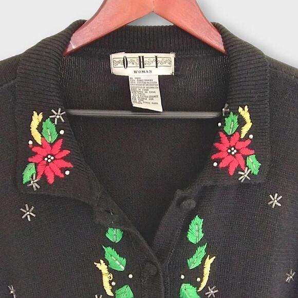 OHI Womens Cardigan Sz 2X Black Red Green Christmas Holiday‎ Sweater Cotton Vtg - Picture 3 of 13